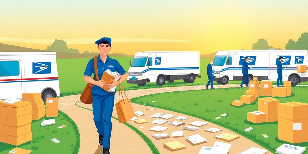 USPS mail carrier walking on parcel path under sunrise sky
