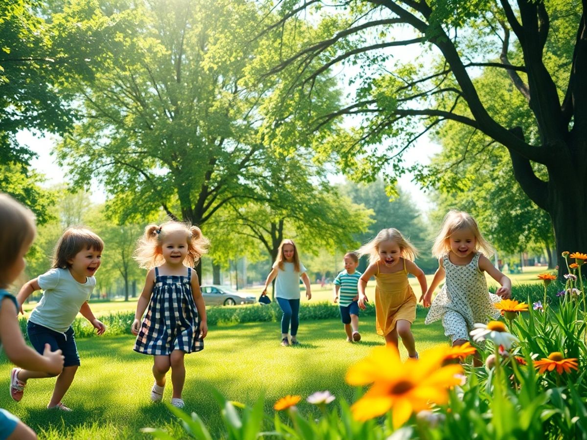 Copii jucându-se în natură, fericiți și plini de energie.