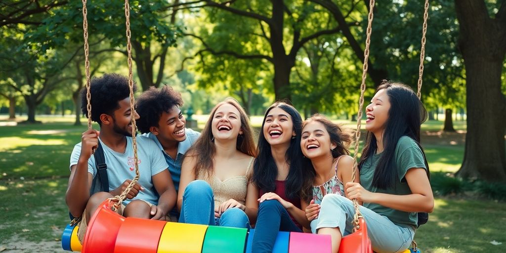 Millennials joyfully swinging together in a sunny park.