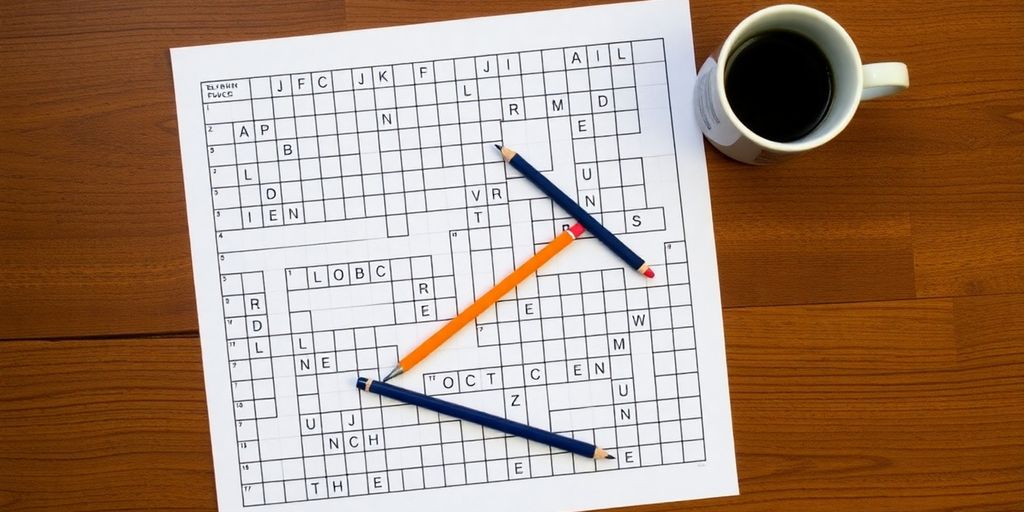 Completed crossword puzzle with pencil and coffee on wooden table.