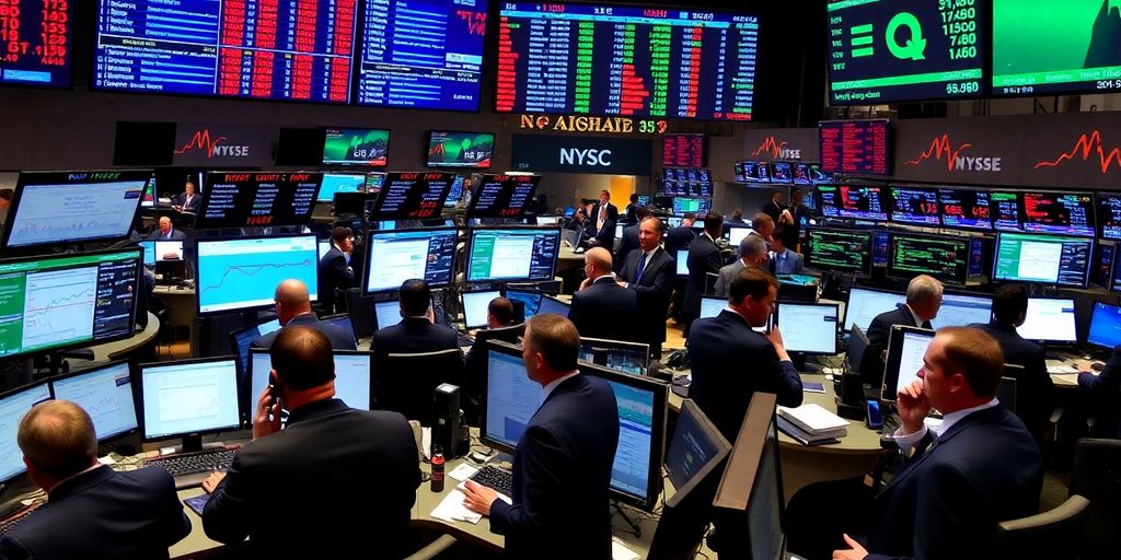 Stock market trading floor, brokers working.
