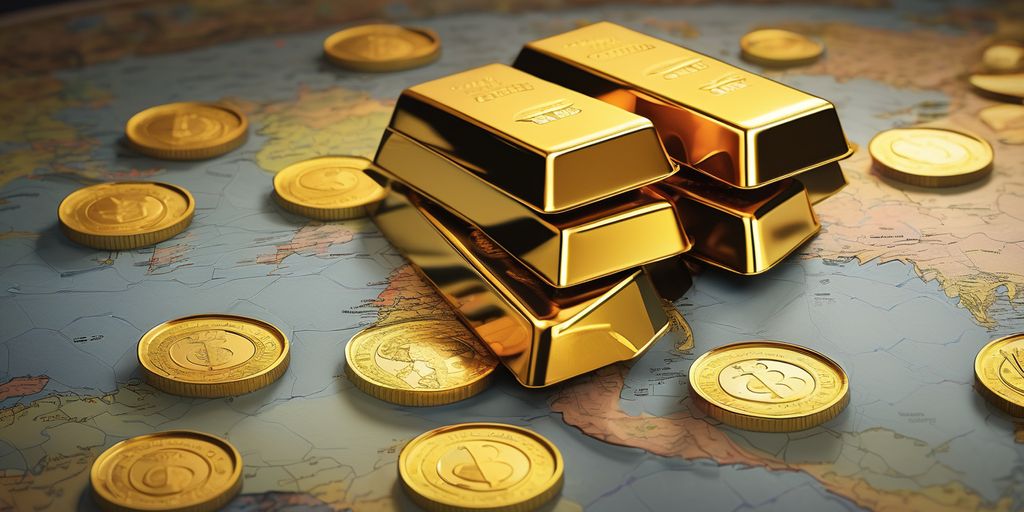gold bars and coins with a world map background