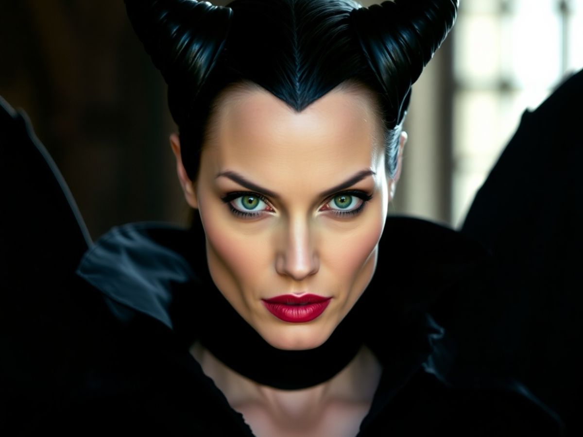 Angelina Jolie ca Maleficent, cu coarne și mantie neagră.