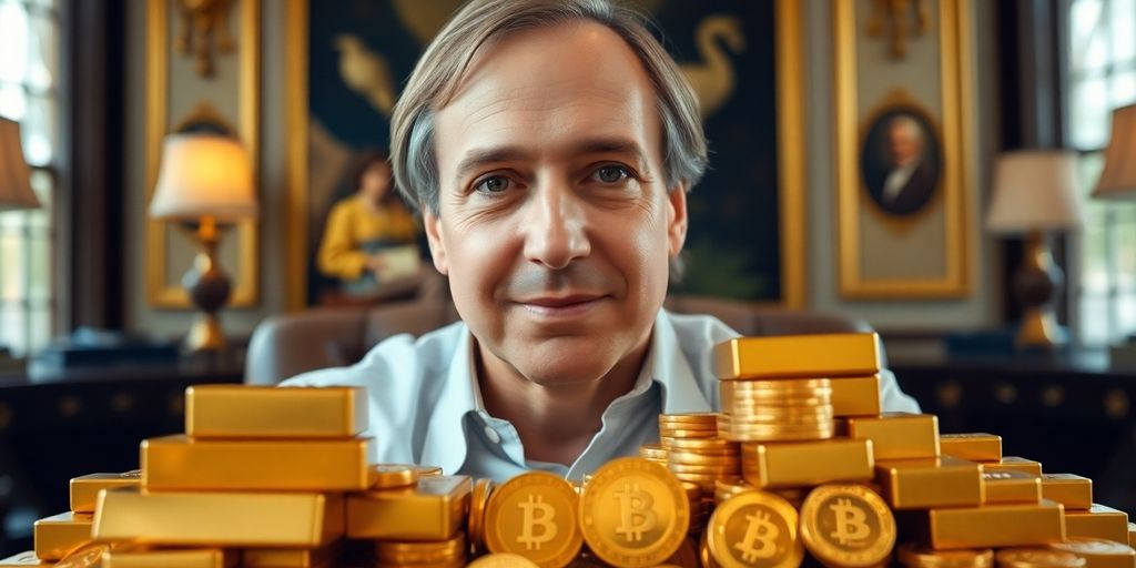 Ray Dalio avec des lingots d'or et des pièces.