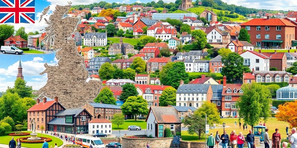 Diverse UK towns with unique architecture and vibrant community life.