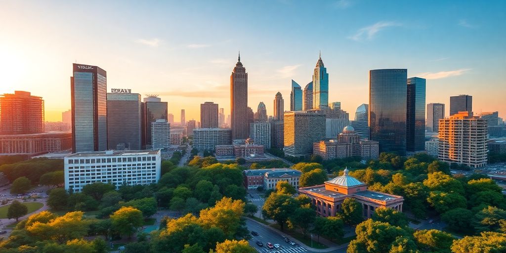 Atlanta skyline at sunset with lush parks and skyscrapers.