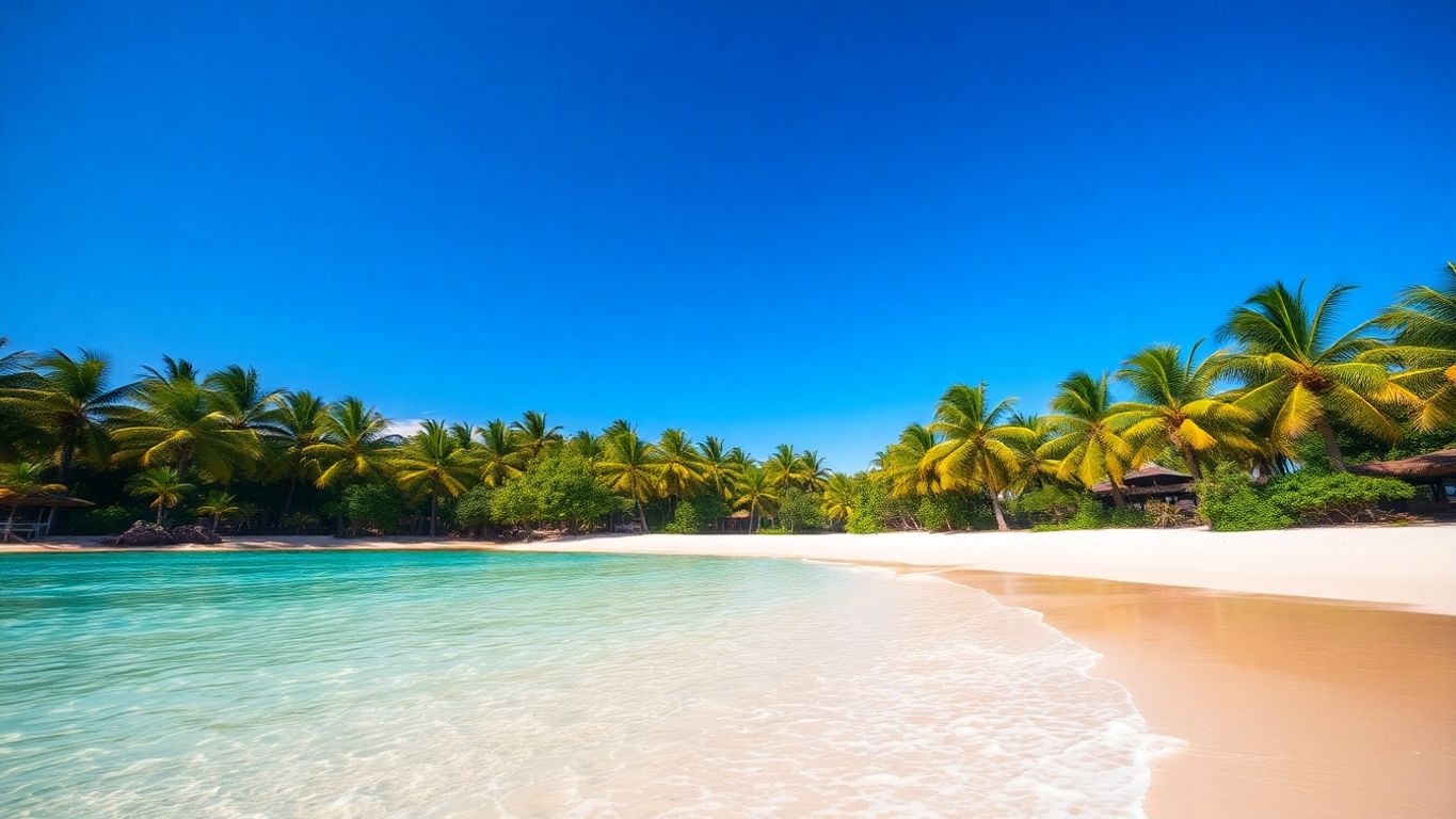 Tropical beach with palm trees and ocean.