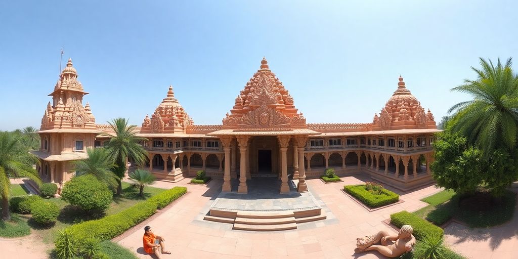 Hindu Temple in Abu Dhabi with intricate architecture and greenery.