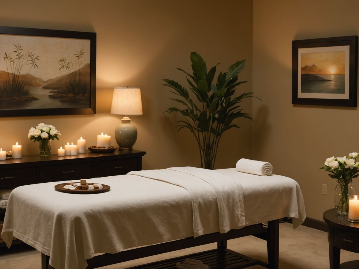 Spa room with massage table and masseuse.