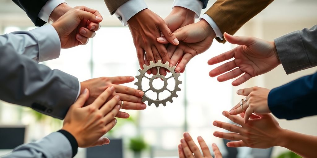 Diverse hands linking, gears turning smoothly.