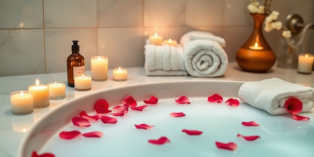 A luxurious spa setup with candles and essential oils.