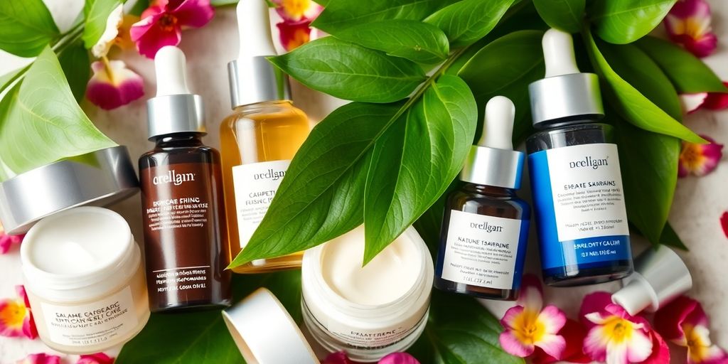 Aesthetic arrangement of natural skincare products with fresh botanicals.