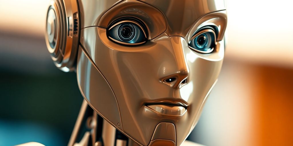 Humanoid robot face displaying various emotions.