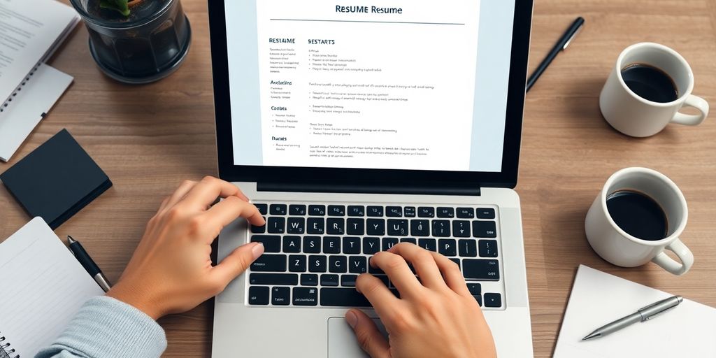 Laptop displaying resume template, hands typing, various office items.