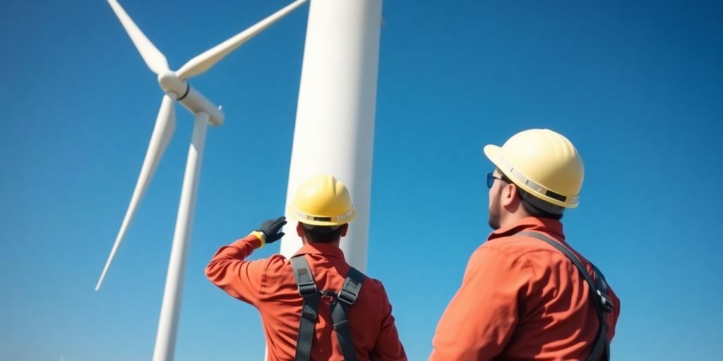 Technician in harness inspecting wind turbine blades.