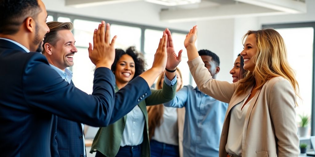 Professionals giving high-fives in an office environment.