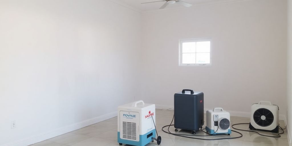 Room undergoing water damage cleaning and restoration process.