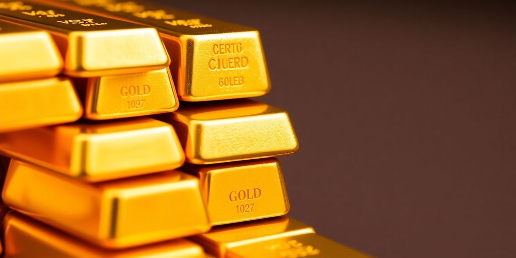 Lingots d'or empilés sur une surface brillante.