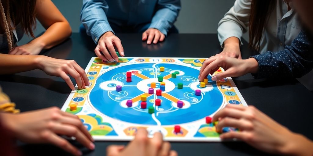 Joueurs assemblant des pièces de jeu de société colorées.