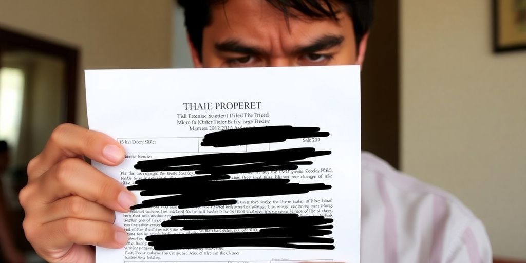 A person holding a Thai property title deed with a worried expression.