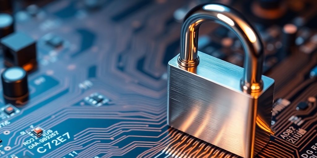 Digital padlock on circuit board, symbolising cyber security.