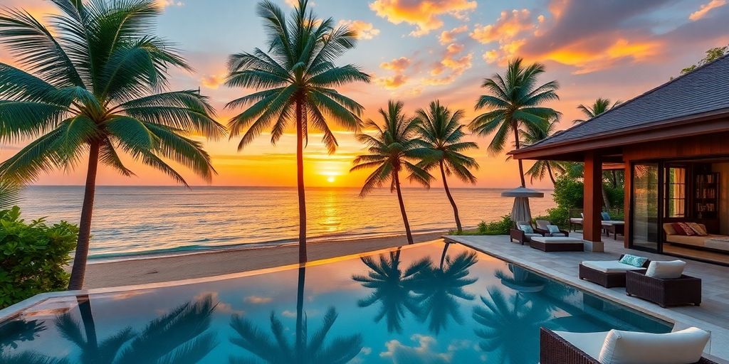 Beachfront villa in Phuket with sunset and palm trees.
