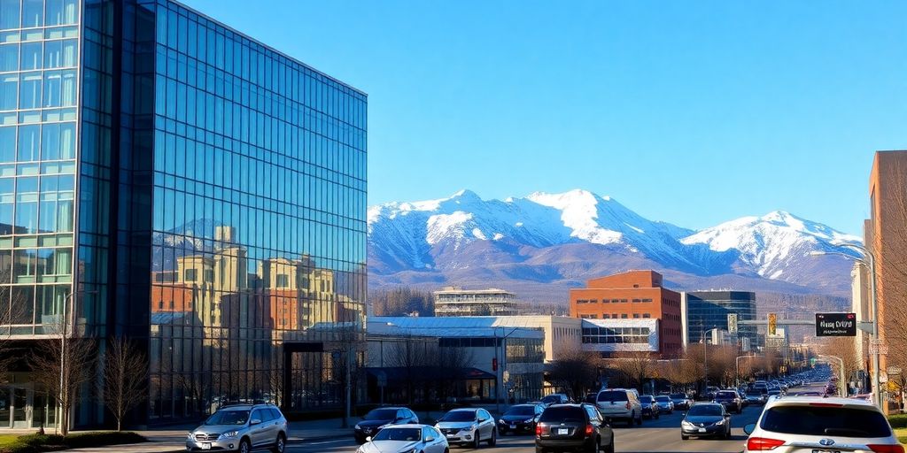 A modern Anchorage office building with mountains in the background.