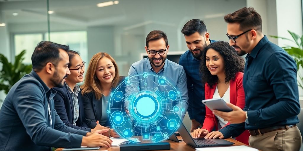 Diverse professionals collaborating on cybersecurity and AI regulations.