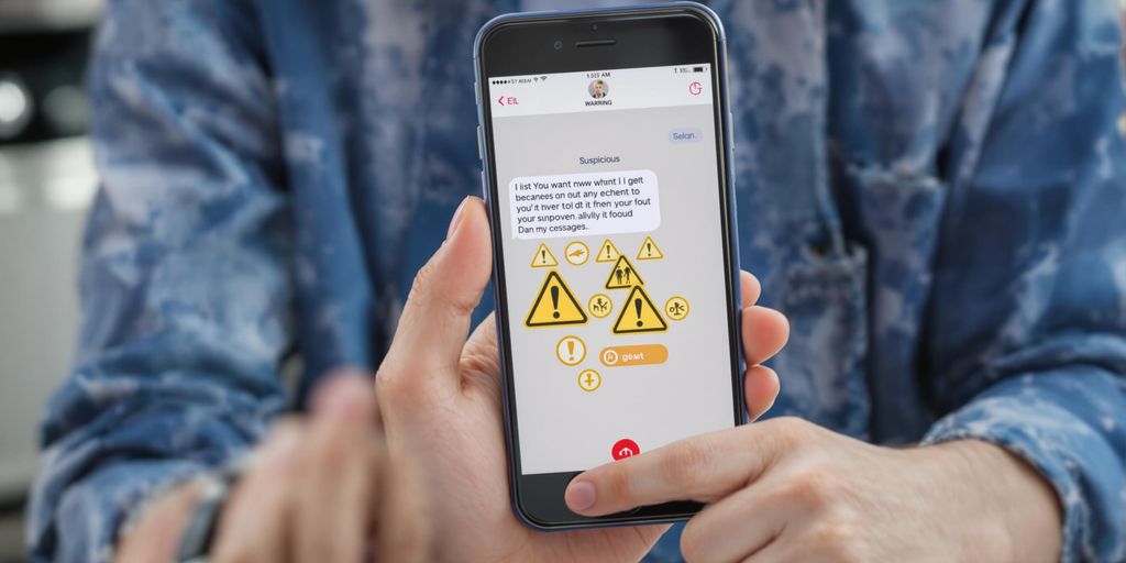 Person tenant un smartphone avec un SMS suspect.