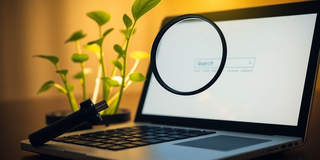 Laptop, magnifying glass, gears, and a growing plant.