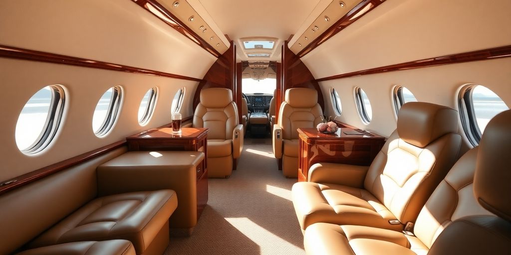 Sleek private jet interior with plush seating and polished surfaces.