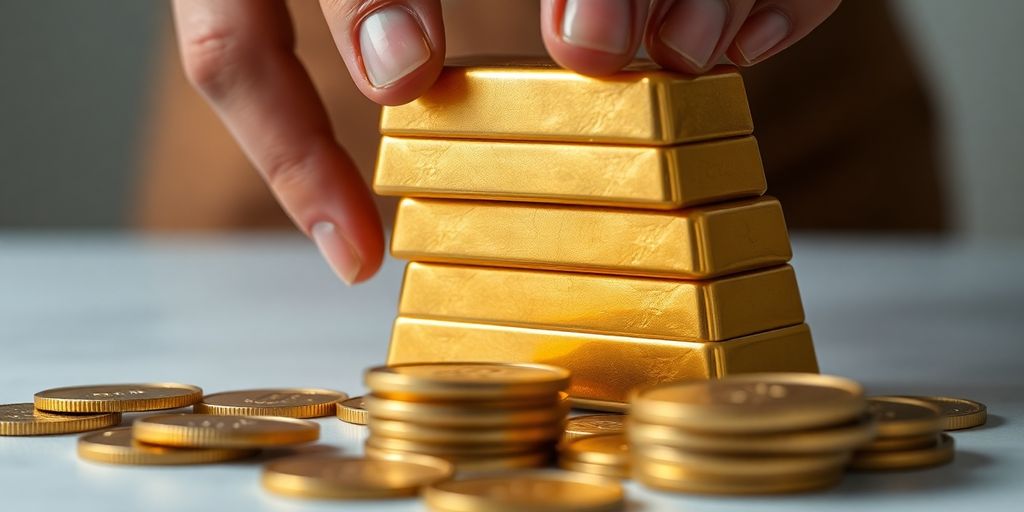 Lingots d'or empilés, pièces de monnaie, mains