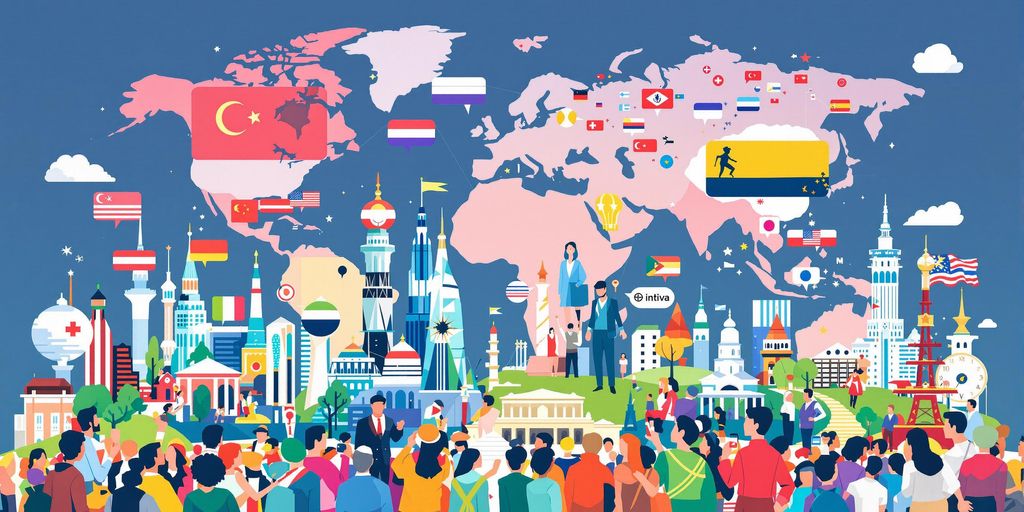 Diverse people communicating globally with cultural elements.