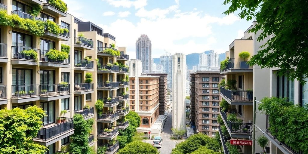 Modern Taipei apartments with lush greenery and cityscape.