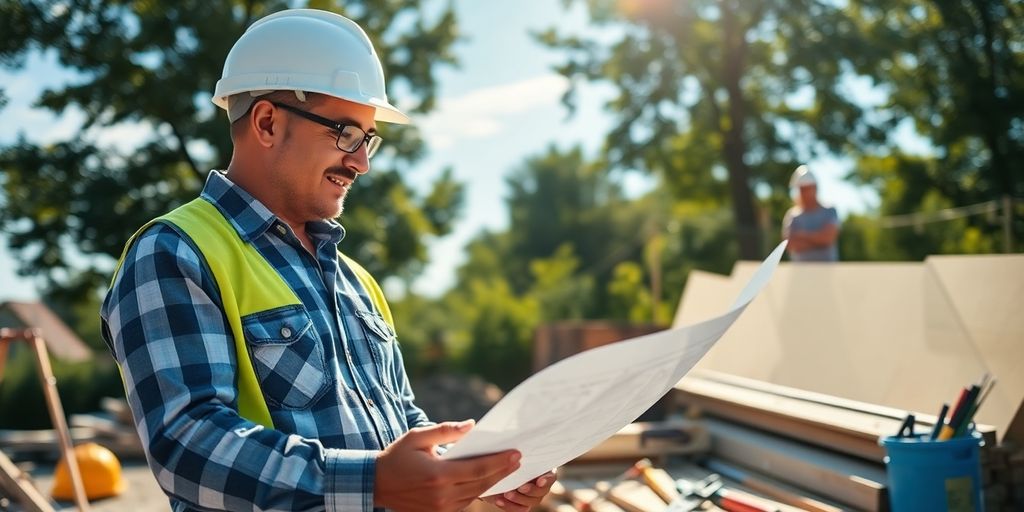Contractor reviewing plans on a sunny summer day.