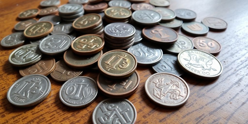 Assortiment de pièces de monnaie anciennes sur une table en bois.