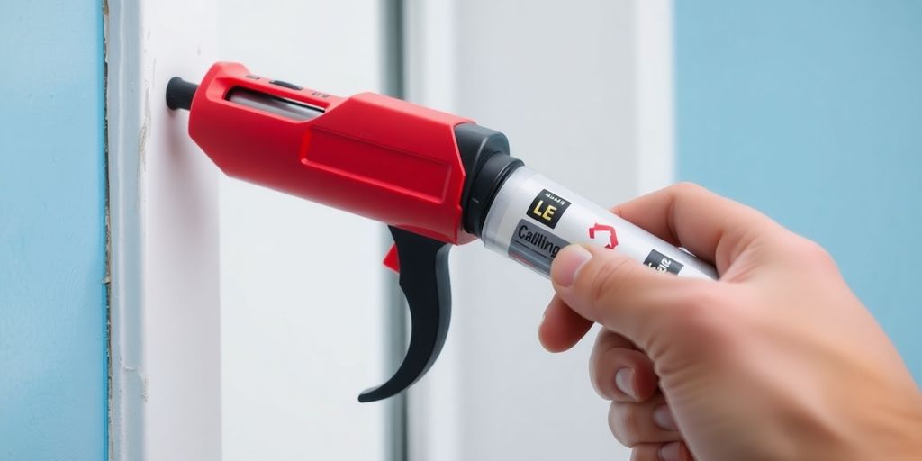 Person using a caulking gun on a window frame.