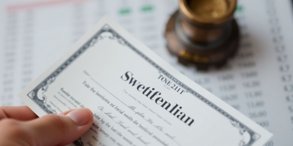 Hand holding a stock certificate against a blurred background.