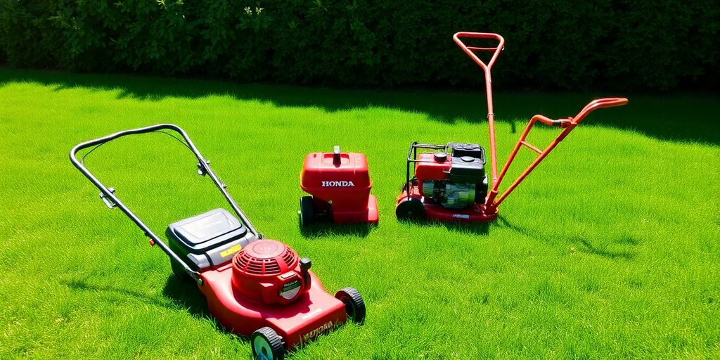 Honda lawn mower, generator, and tiller on green grass.