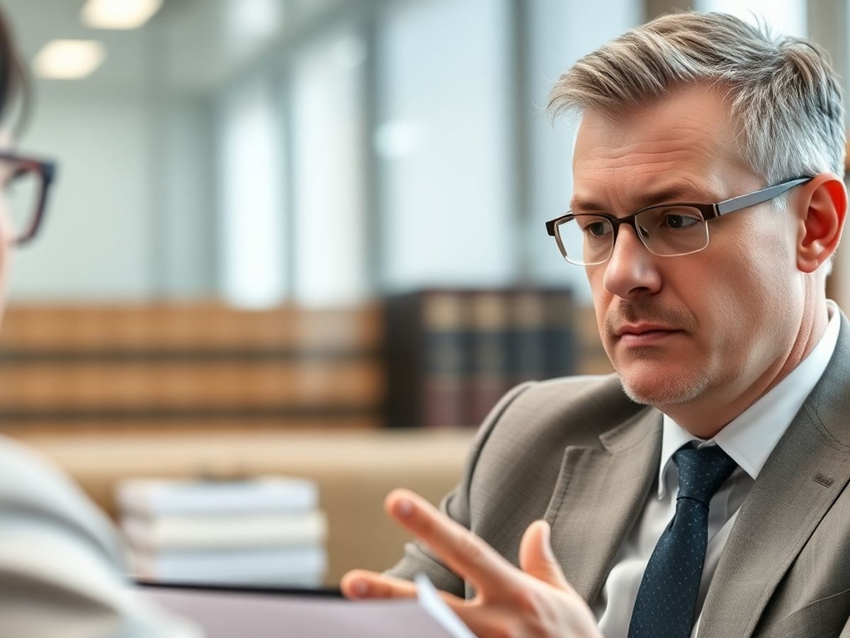 Avocat în discuție serioasă, birou modern, cărți de drept.