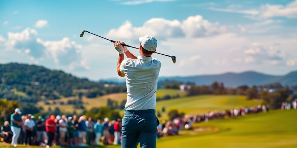 Professional golfer swinging on a lush green course.