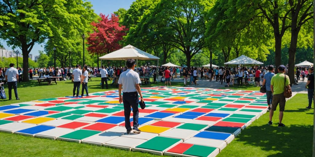 People playing with giant Mahjong tiles in a park.