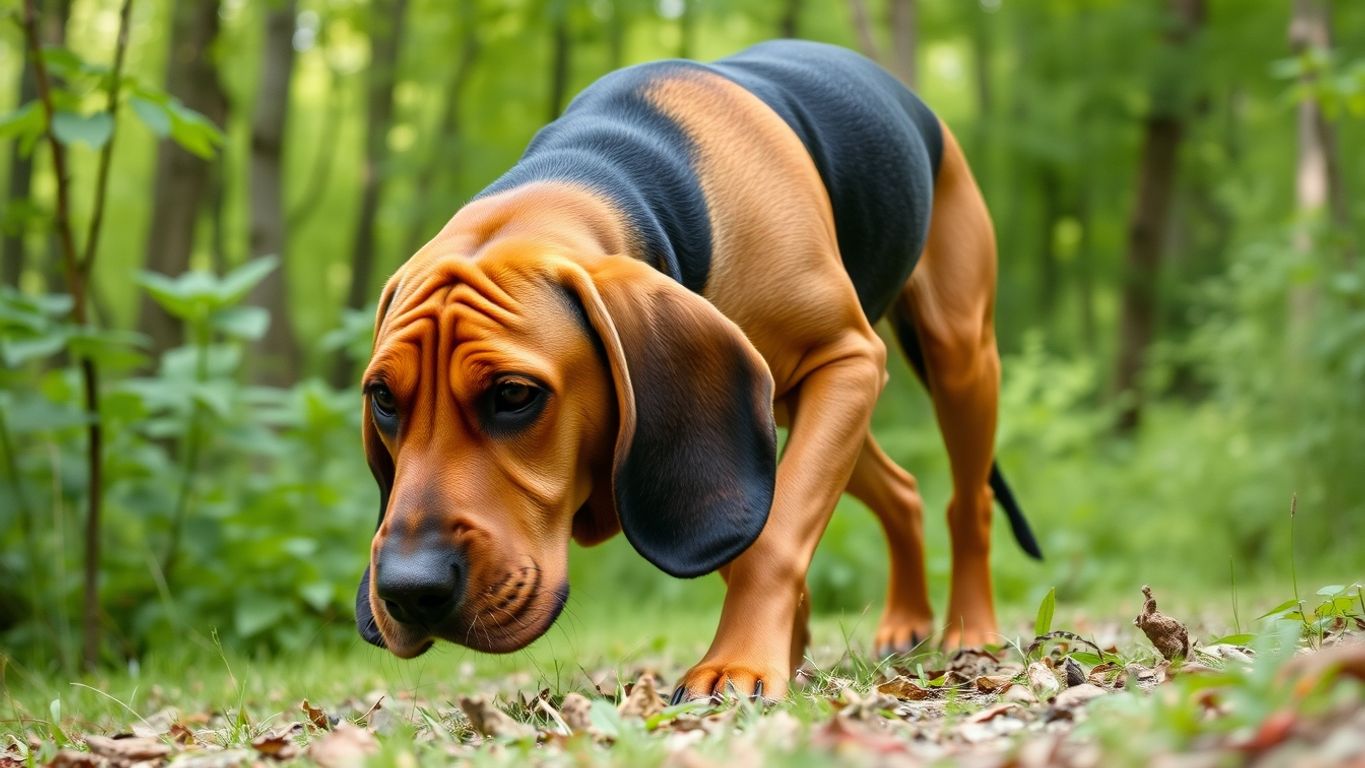Bloodhound dog sniffing in a green forest.