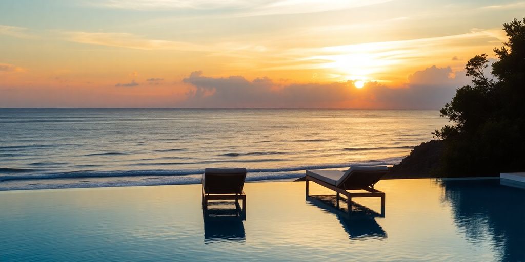 Couple relaxing by infinity pool at Cabo sunset