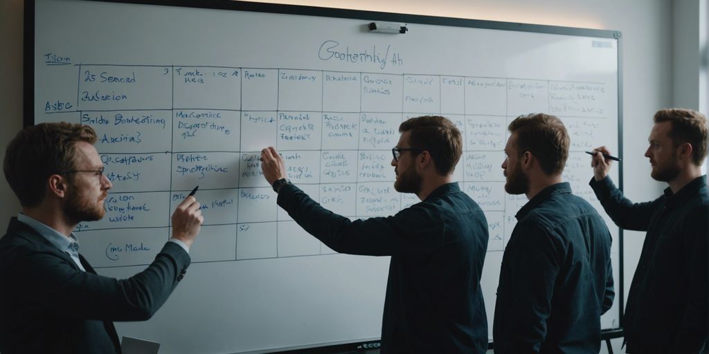 Team planning marketing strategy on whiteboard.