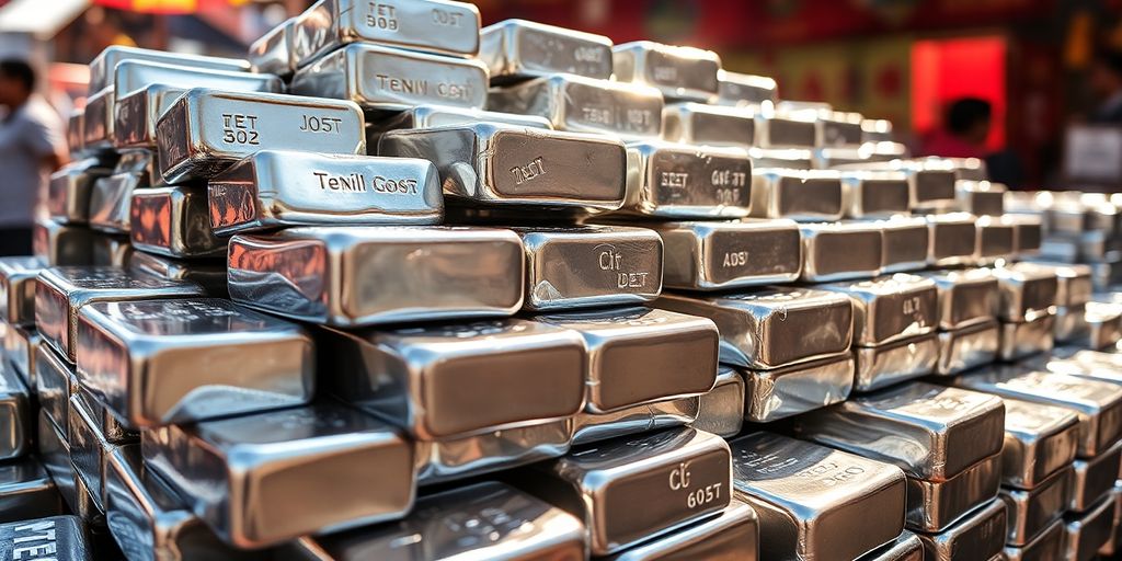 Lingots d'argent brillant empilés dans un marché asiatique animé.
