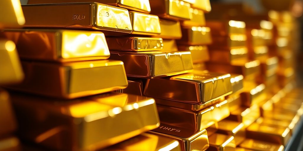 Lingots d'or brillants, montagne d'or frappée par la lumière.