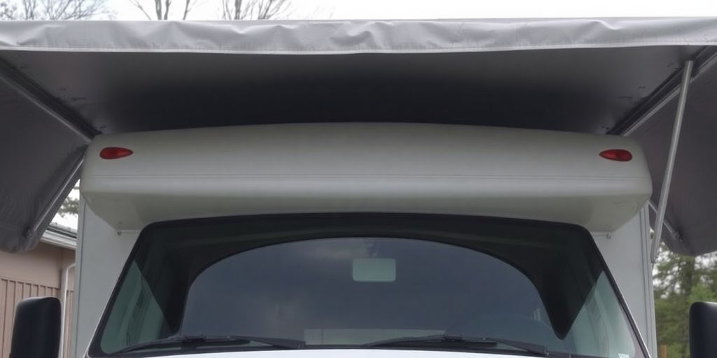 RV parked under a protective roof-only cover.