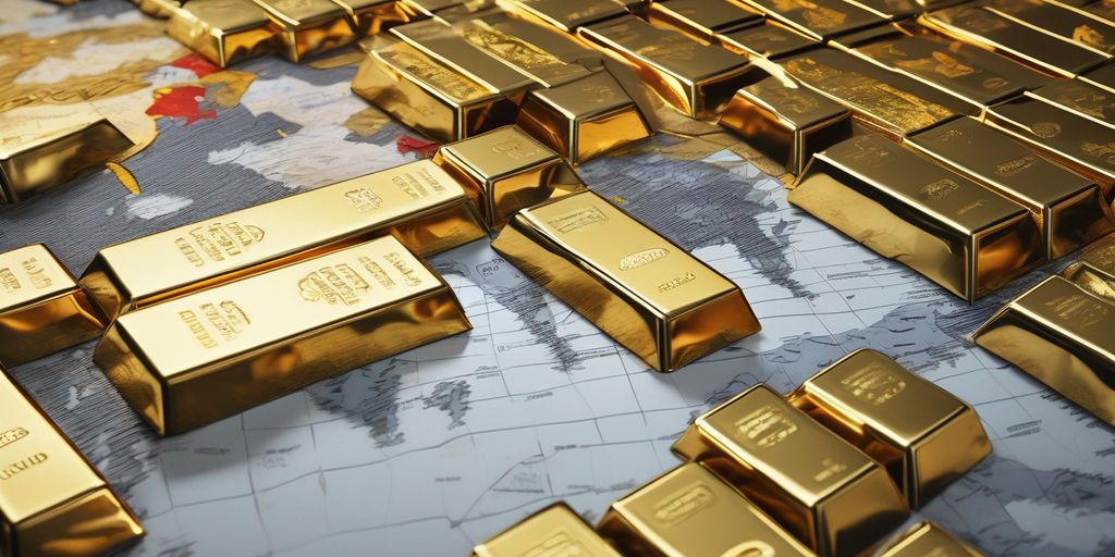 gold bars with a world map background and geopolitical conflict symbols