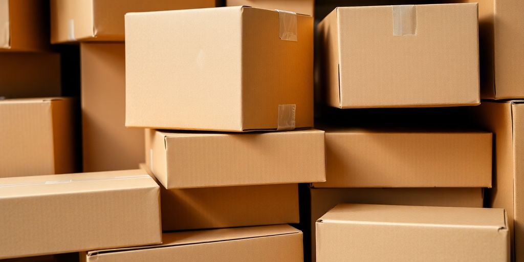 Cardboard packaging boxes stacked neatly.